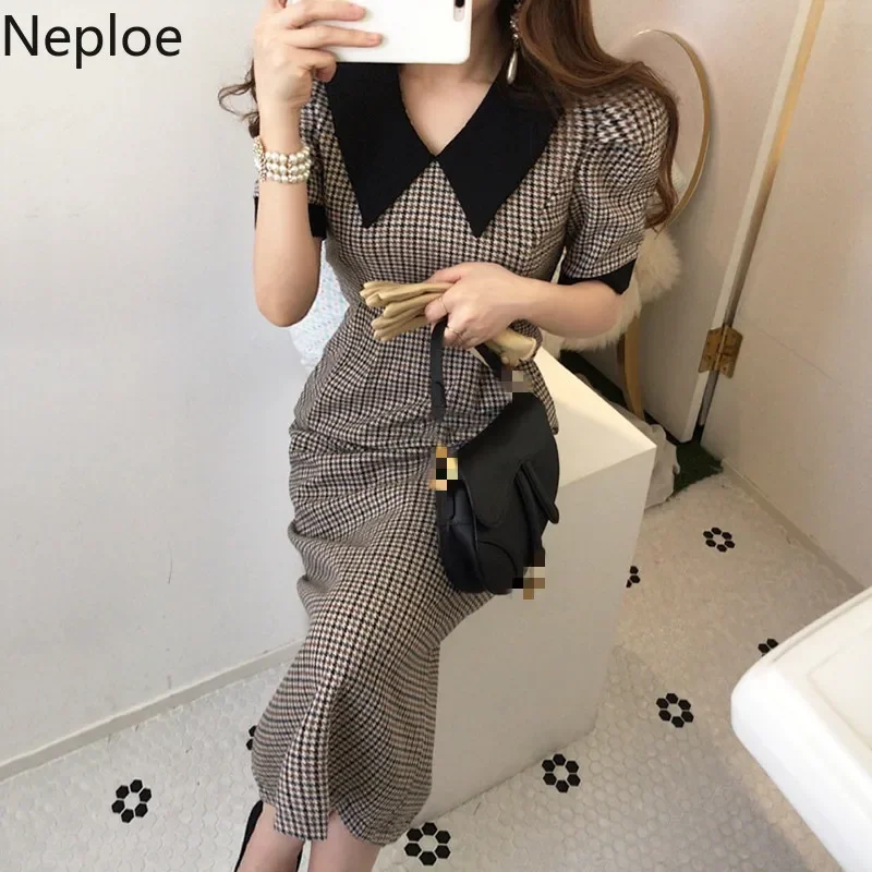 Neploe Korean Chic Contrast Color Patch Houndstooth Plaid Dress High Waist Hip Split Design Vestido Slim Fit Long Ropa New 49075