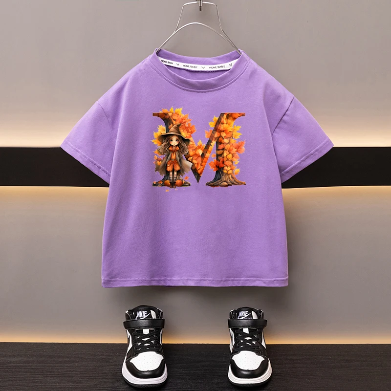 Maple Leaves Letter M Children T-shirt Kawaii Clothes for Girls T Shirt Anime Cartoons Casual Kid Boy Short Sleeve Tops New 2024