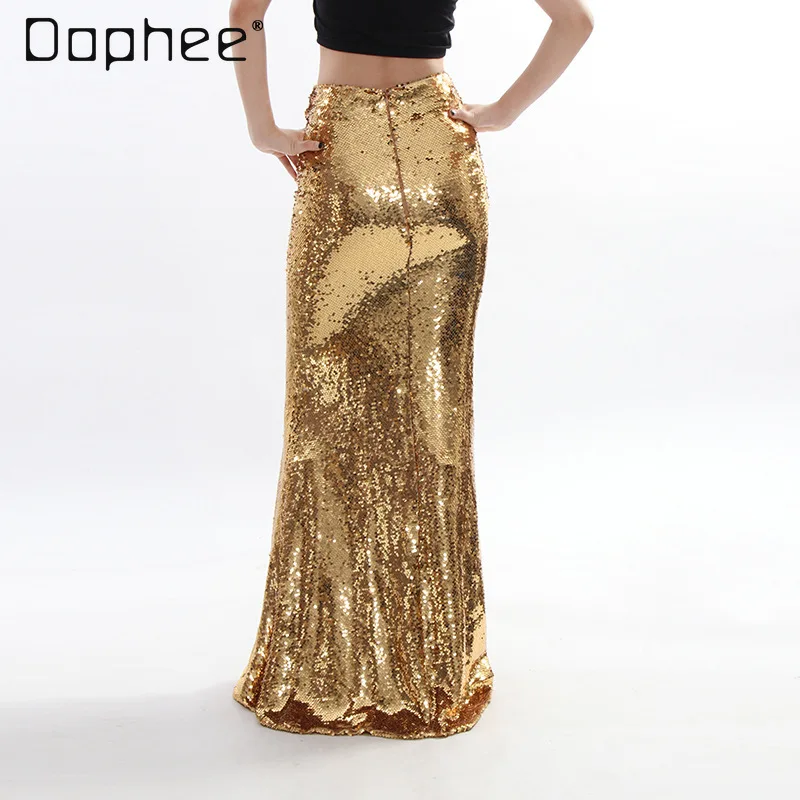 2025 otoño nuevo elegante ligero de lujo adelgazante pesado lentejuelas sirena vestido de mujer de gama alta alta alta sociedad falda de longitud media vestido de noche