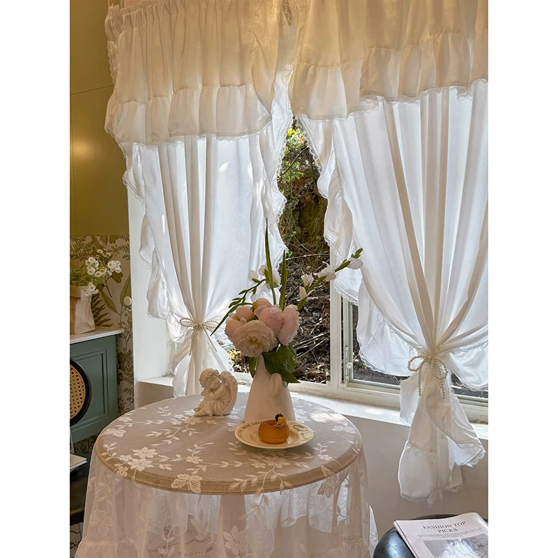Cotton White Sweet Warp Ruffled Curtains for Living Room French Elegant Lace Valance Curtains for Bedroom Wedding Curtains #A650