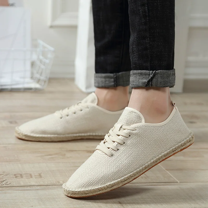 Classic Linen Casual Flats Shoes Men Espadrilles Loafers Fashion Women Canvas Shoes Casual Fisherman Driving Footwear Pluse Size