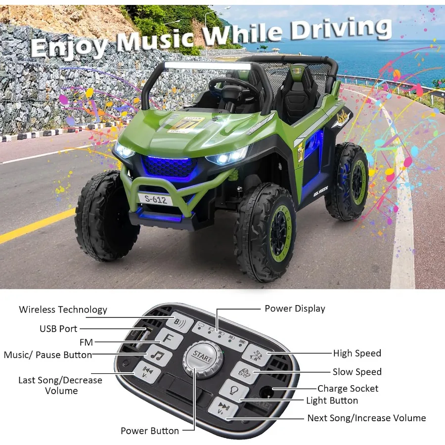 2 Seater Ride on Car for 12V UTV ' Electric Vehicles with Remote Control Spring Suspension Soft Start Music Bluetooth FM Batter