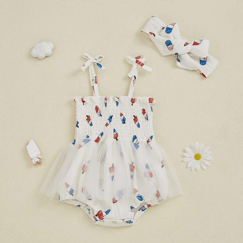 Listenwind Baby Girls 4th of July Romper Outfit Popsicle Print Mesh Patchwork Romper Dress and Headband Set Cute Clothes