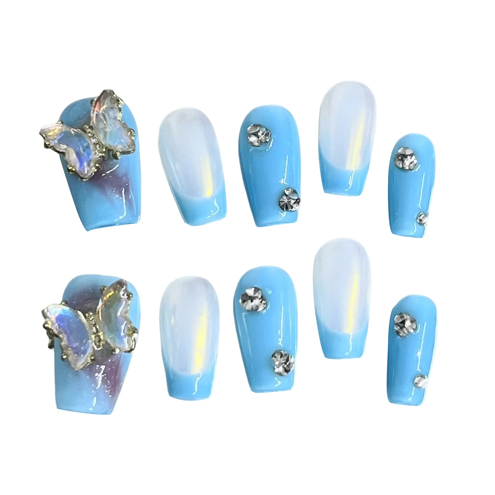 Blue Fake Nails with Rhinestone Decor Durable & Never Splitting Comfort Fake Nails for Hot Girl Dress Matching