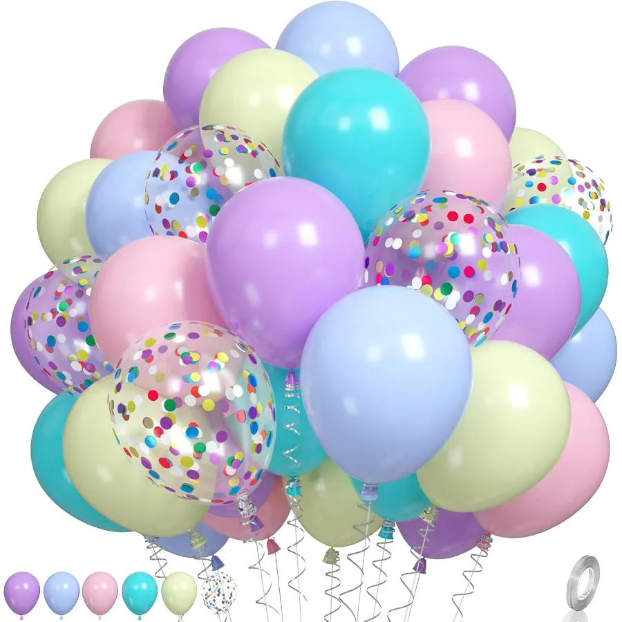 Pastel Balloons Multicolor Macaron Balloons Colorful Latex Party Balloon Set with Confetti in Baby Pink Blue Purple Yellow and