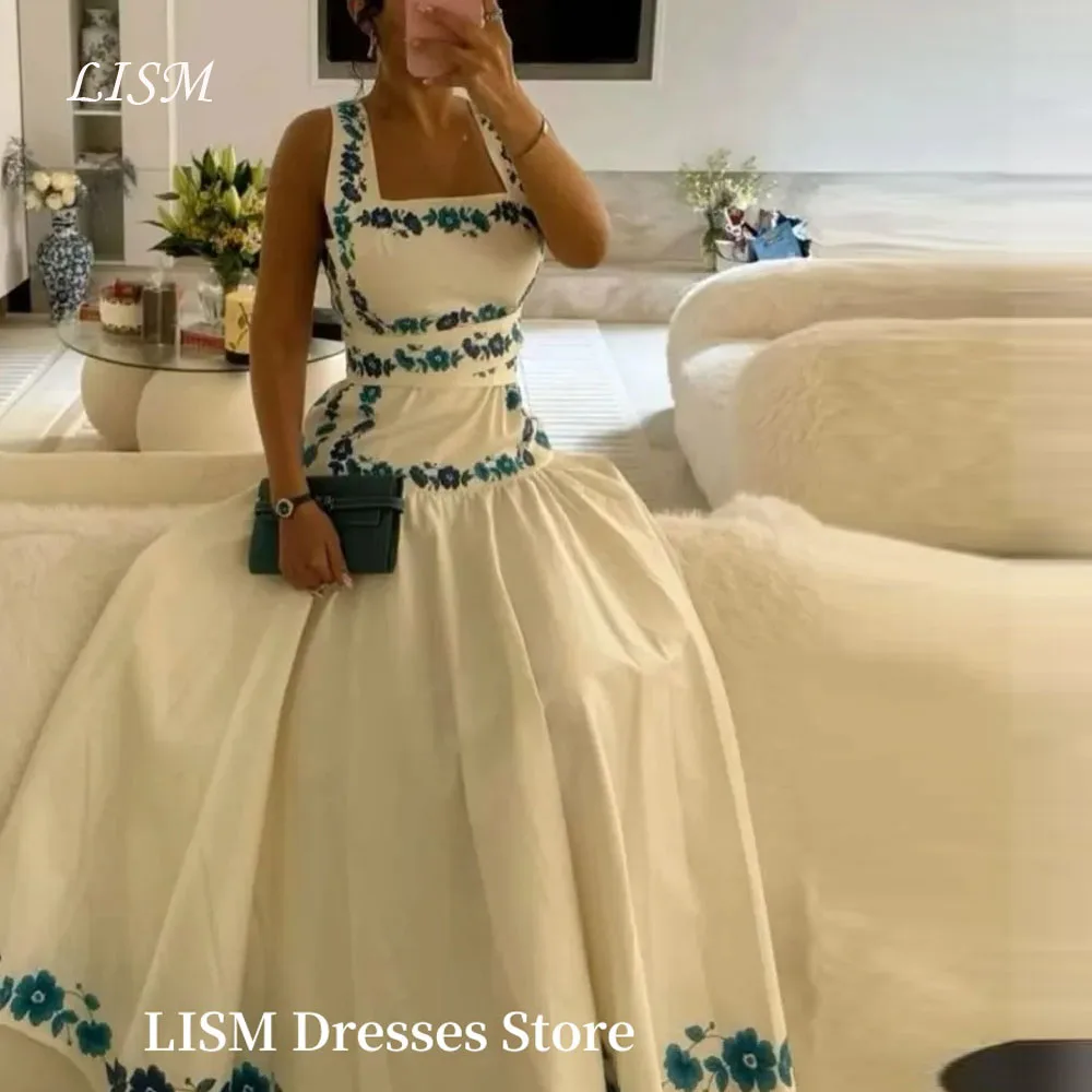 LISM Simple Saudi Arabia A-Line Prom Dresses Square Collar Embroidery Flowers Floor Length Evening Gowns Corsets Customized