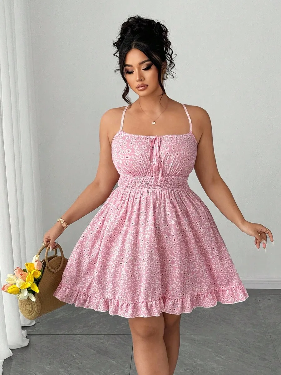 

Plus Size Floral Print Tie Front Ruffle Hem Cami Dress for Summer Vacation
