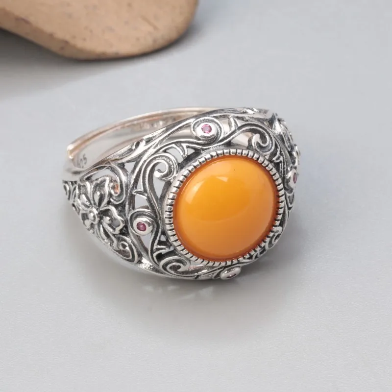 Genuine S925 Sterling Silver Rings for Women New Fashion Round Beeswax Amber Enamel Flower Hollowed out Rings Adjustable Size