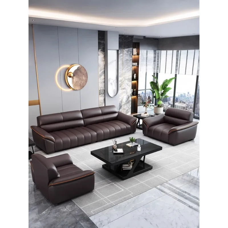 

New leather office sofa modern simple guest three-person office business reception combination coffee table set