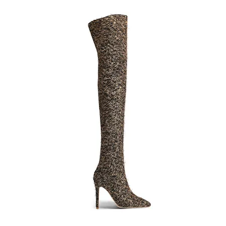 Sexy Shiny Gradient Sequin Knee Length Boots Women Slim High Heels Pointed Toe Runway Boots Stripper Heels Long Boots