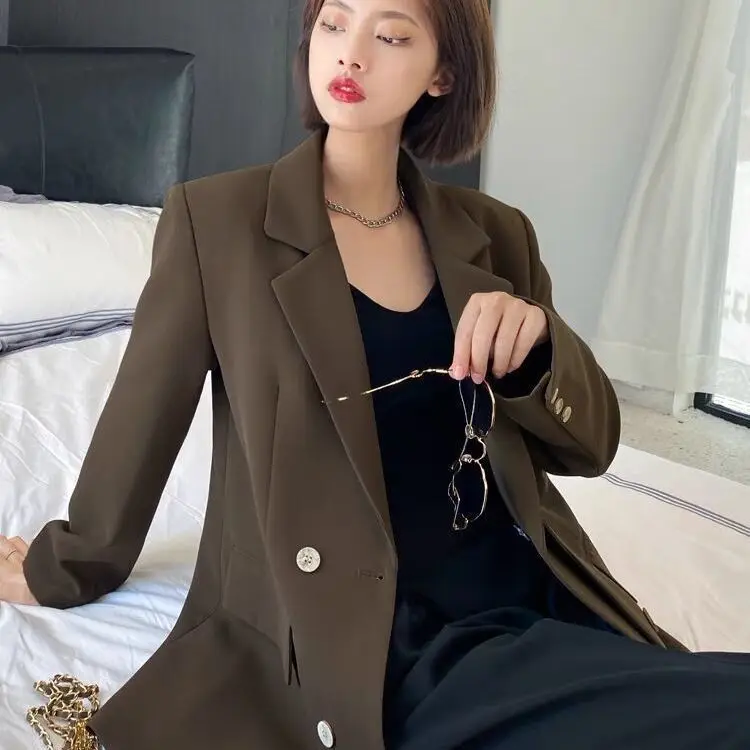 Casual Woman Blazer Sacks Mid-Long Temperamet Slim-Fit Crew Zip Age-Reducing Shimmer Splied Full-Length Extended Newkorean