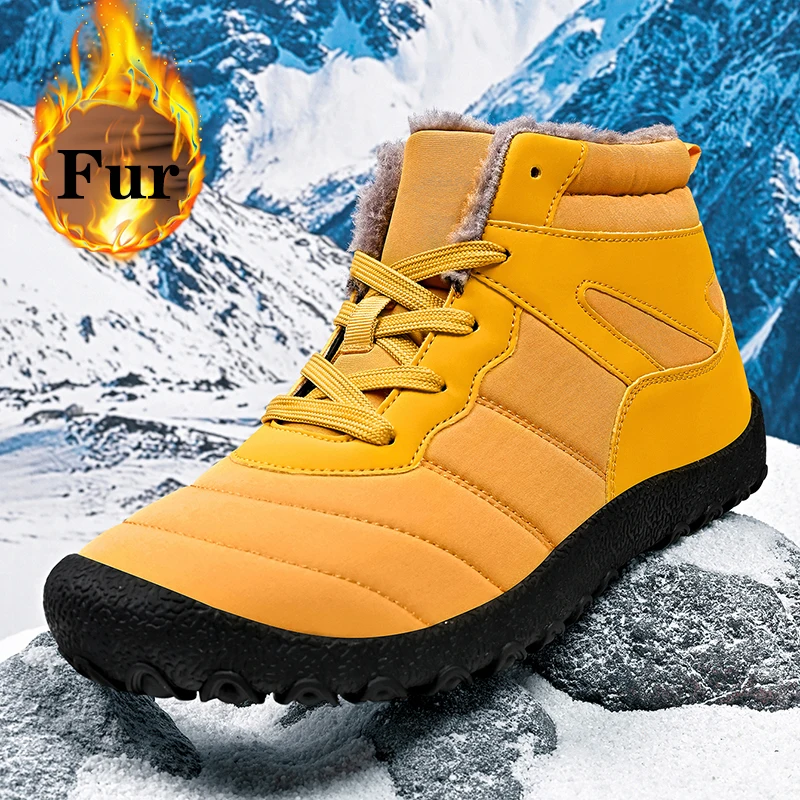 Botas de nieve para hombre, talla 39 ~ 48, zapatos cálidos de piel para invierno, botines largos de felpa, zapatillas informales Unisex para exteriores, botas antideslizantes duraderas