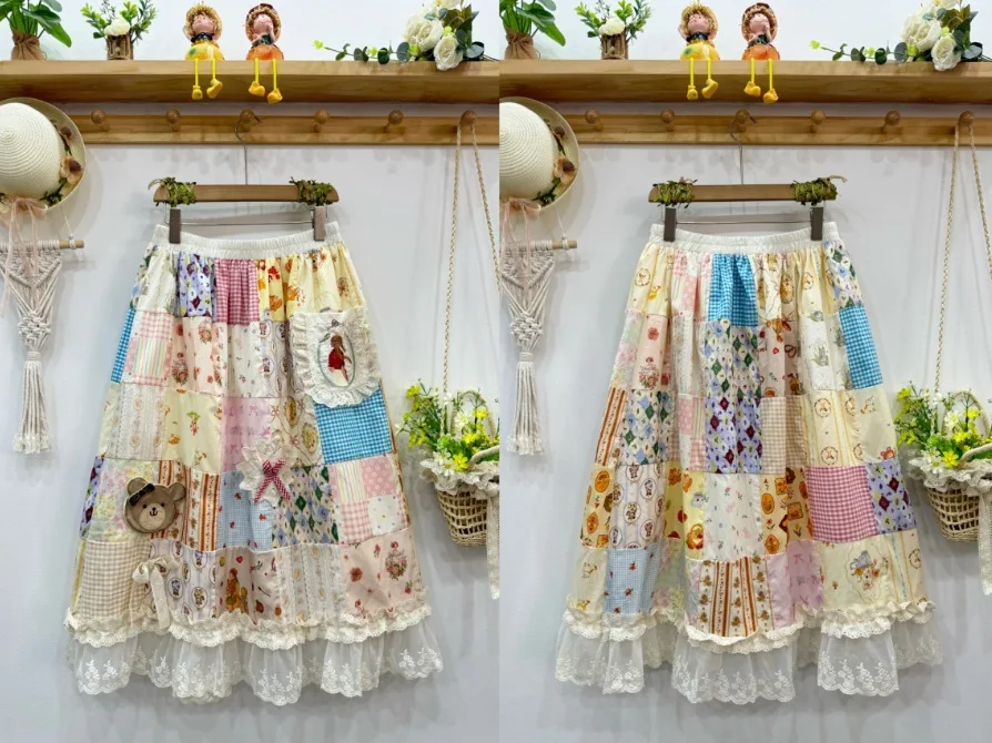 Japanese Vintage Lolita Mori Girl Lace Cartoon Plaid Print Patchwork Skirts Women Summer Elastic Waist Casual Cotton Skirts