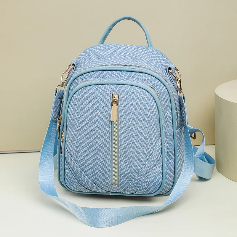 Convertible Women Anti Theft Backpack With Herringbone Pattern Gold Zipper Daily Travel Sling Shoulder Bag Brown Black