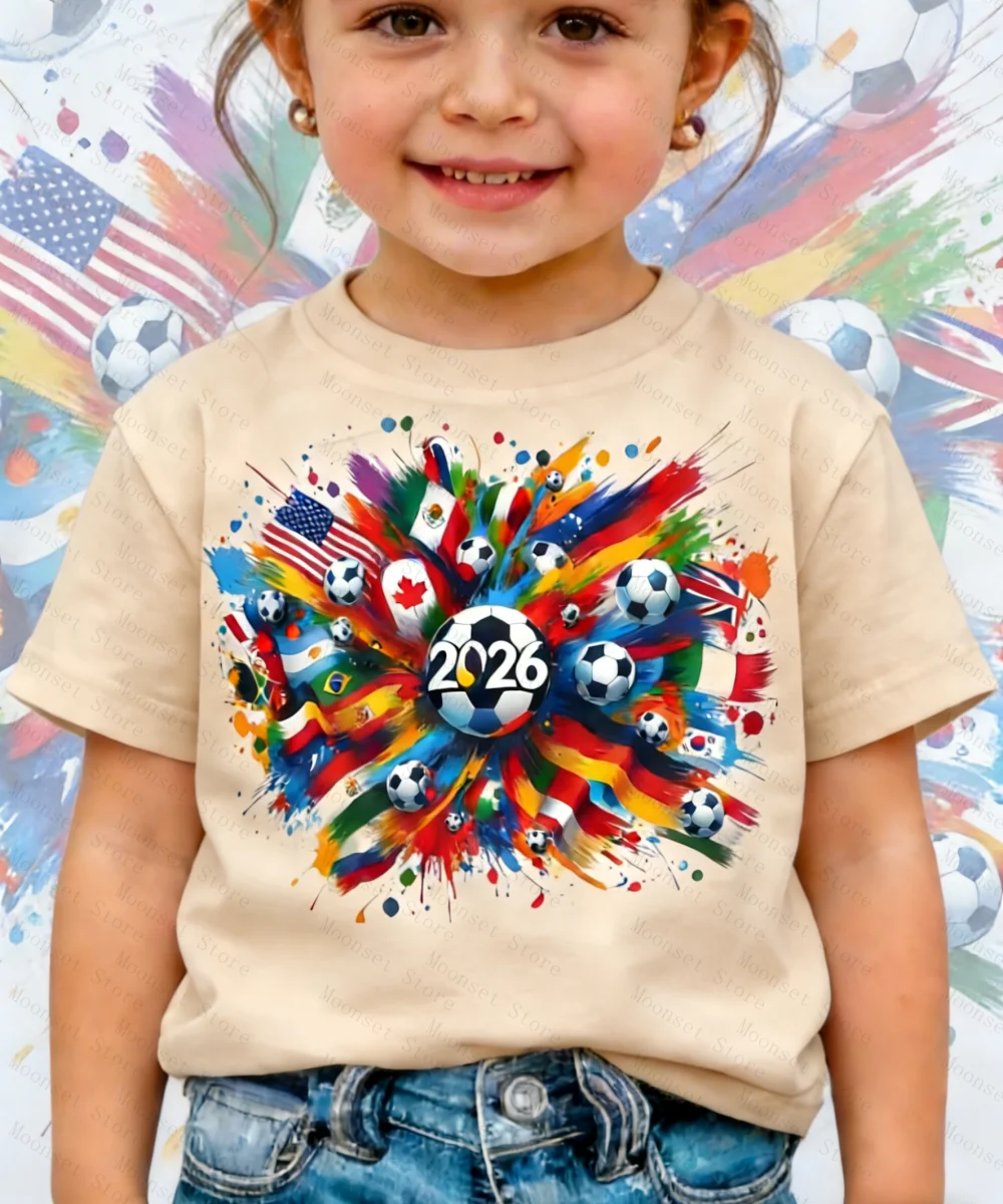 2026 World Sports Kids Cotton Tshirt Vibrant Soccer Ball Graphic Tees Flag Design Toddler Short Sleeve Tops Casual Daily Wear