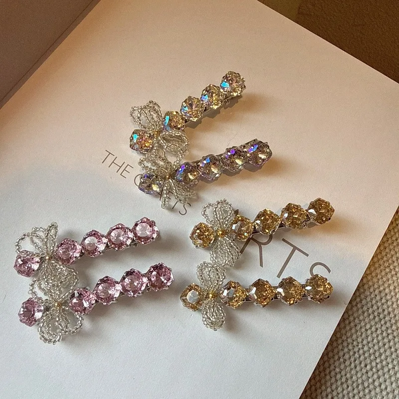 

Заколки для волос с кристаллами в форме цветка 6 см, заколки-уточки с бантом из страз, блестящие заколки с бисером для женщин, элегантные аксессуары для волос