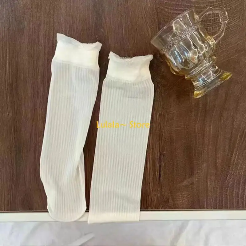 Y4QA 3Pairs Nonslip Dress Socks Girl Lace Trimmed Socks Thin Ice Silk Ankle Socks