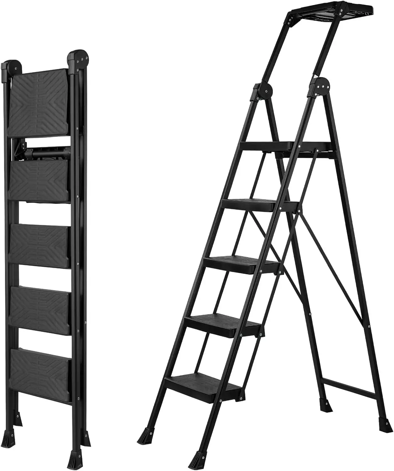 Ladder, Foldable Handrail & Tool Tray Stool Ladders with Anti-Slip Wide Pedal, 660 lbs Sturdy Steel Ladder for Home Kitchen and