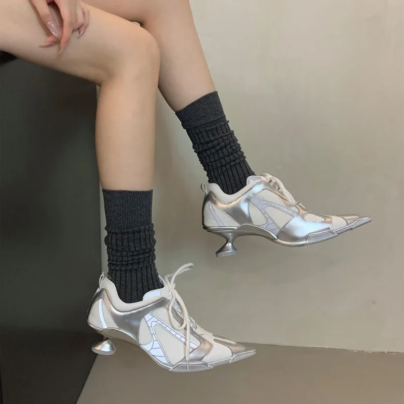 

Low Heels Silver Shoes Women Pointed Toe Lace Up Sports Style High Heels Comfort Ladies Pumps Black Spring 2025 Shoes