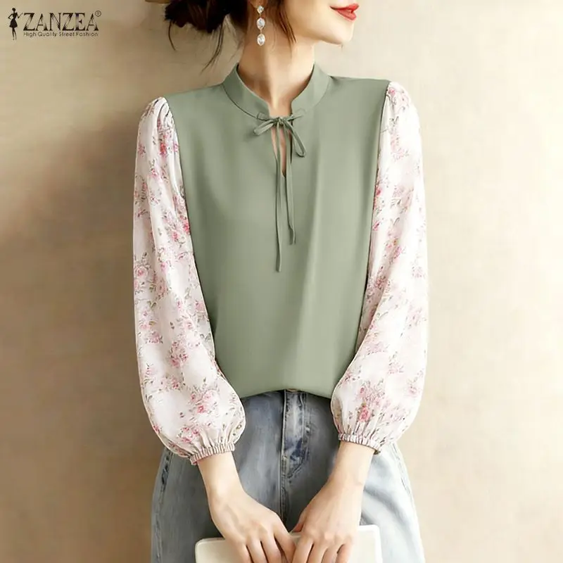 

Элегантная офисная блузка ZANZEA 2026 года с длинным рукавом, женская, с цветочным принтом, в стиле пэчворк, стильная праздничная рубашка, повседневная туника на шнуровке для работы