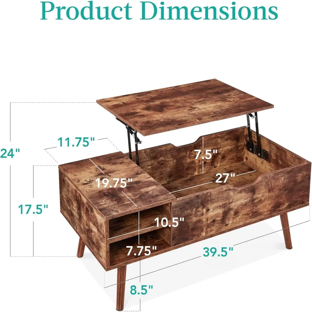 Lift Top Coffee Table, Wooden Mid-Century Modern Multifunctional Accent Table for Living Room w/Hidden Storage