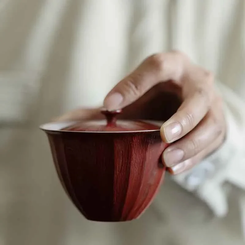 1PC Quaint Langhong Handmade Coarse Pottery Covered Bowl Kung Fu TeaSet Chu Jin Thin Tire Anti-scalding Tea Bowl Literati TeaSet 4