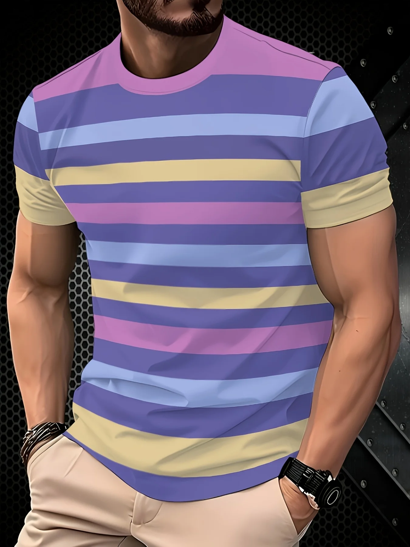 Men Mesh Sports T‑Shirt Multicolor Pastel Horizontal Stripe O‑Neck Short Sleeve Summer Plus Size Casual Top