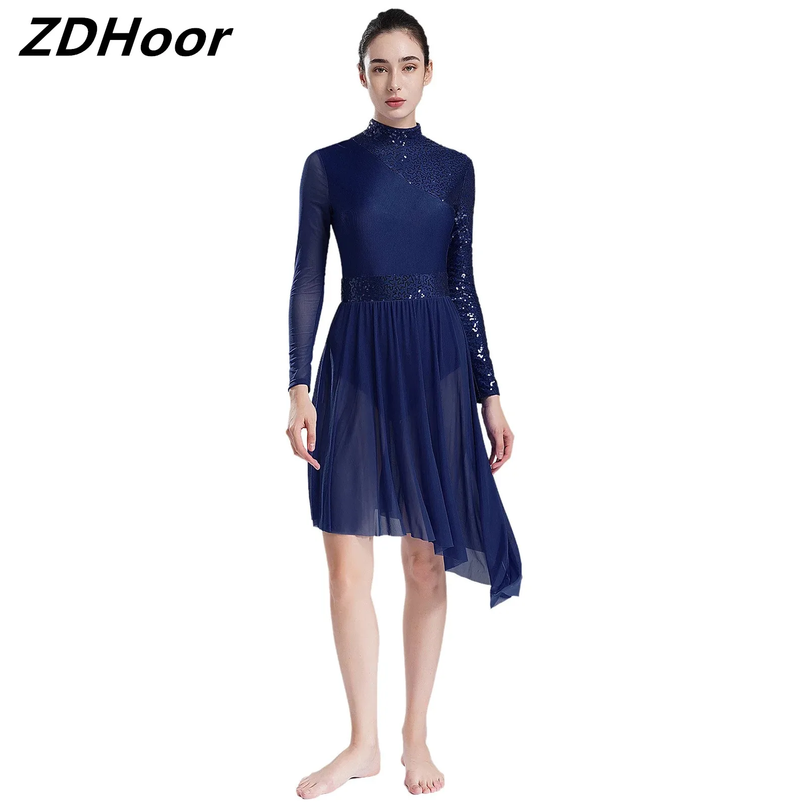 

Womens Sequins Lyrical Dance Dress Sparkly Mock Neck Long Sleeve Irregular Hem Dresses Stage Performance Dancewear