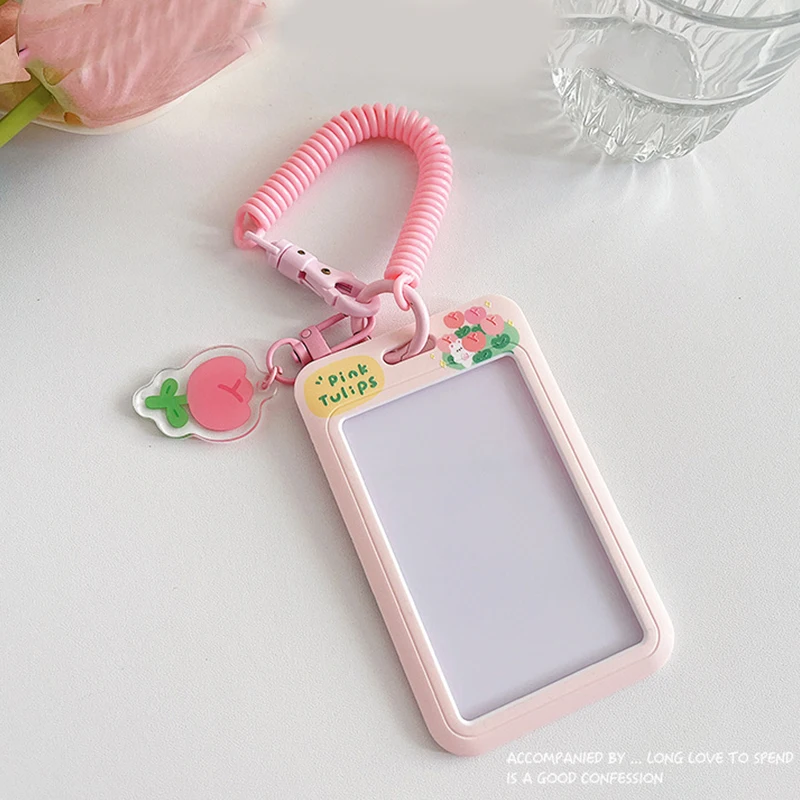 INS Cartoon Kitten Photocard Holder Keychain Kpop Students Card Protectors Pink ID Bank Cards Cover Toploader School Stationery