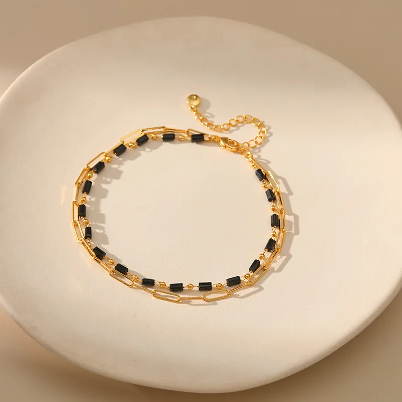 Simple 18k Gold Plated Black Acrylic Beads Anklet for Women Adjustable Size Easy to Match Double Chain Anklet Fashion Jewelry