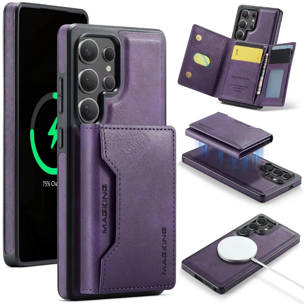 

Чехол-кошелек 2-в-1 с магнитной картой для телефона Samsung Galaxy S25 S24 S23 Ultra Plus для MagSafe с беспроводной зарядкой из искусственной кожи