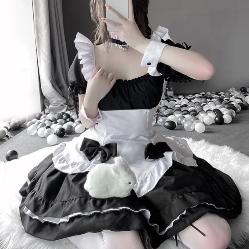 Japonês macio menina cosplay empregada 2024 lolita pulôver quadrado pescoço arco babados borda sexy simples e elegante princesa saia terno