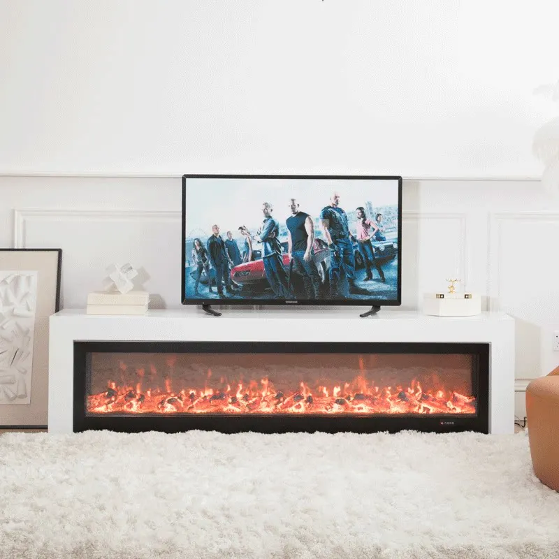 Minimalist Background Wall Solid Wood Floor Cabinet Simulation Flame False Fire Living Room Heating Slate Fireplace TV Cabinet