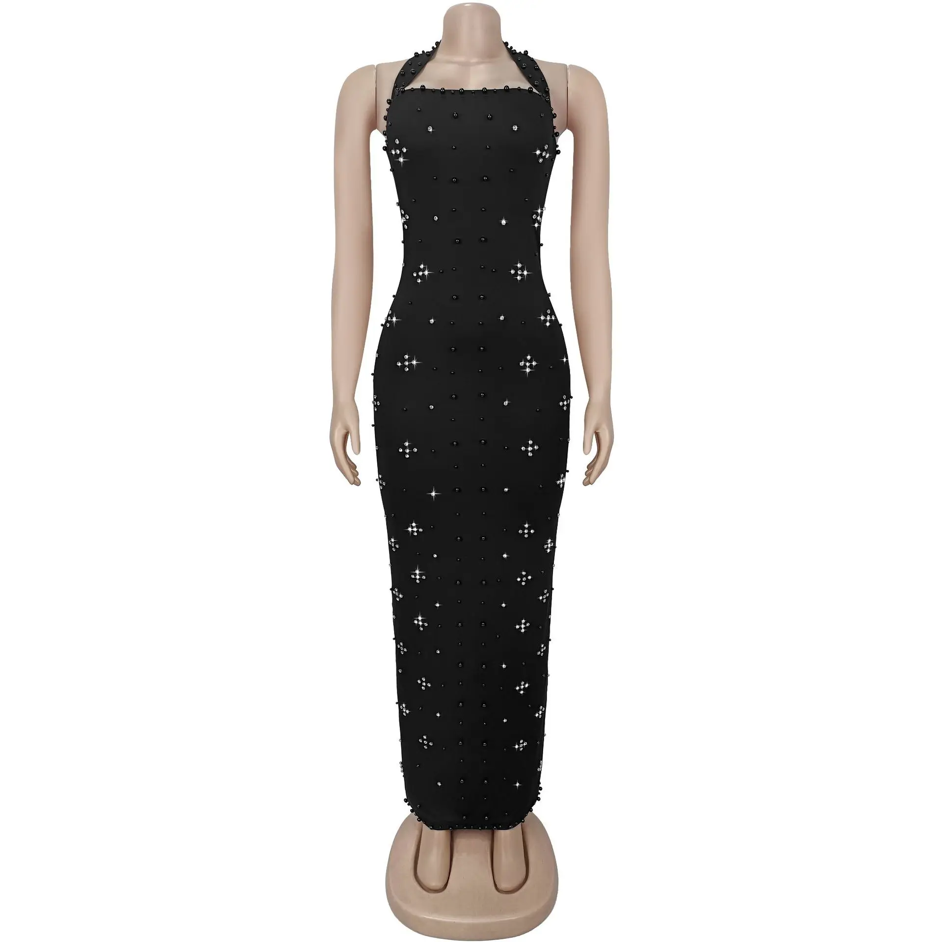 HLJ Sexy Pearls Rhinestone Patchwork Bodycon Long Dresses Woman Halter Backless Printing Dresses Female Party Clubwear Vestidos