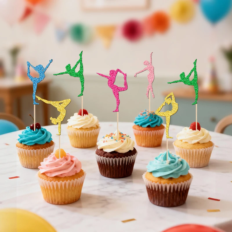 YOMDID 24 Stück Gymnastik-Kuchenaufsätze, glitzernde Silhouetten für Gymnastik-Liebhaber, Cupcake-Aufsätze, Sport-Gymnastik-Kuchenaufsätze – Detail 1