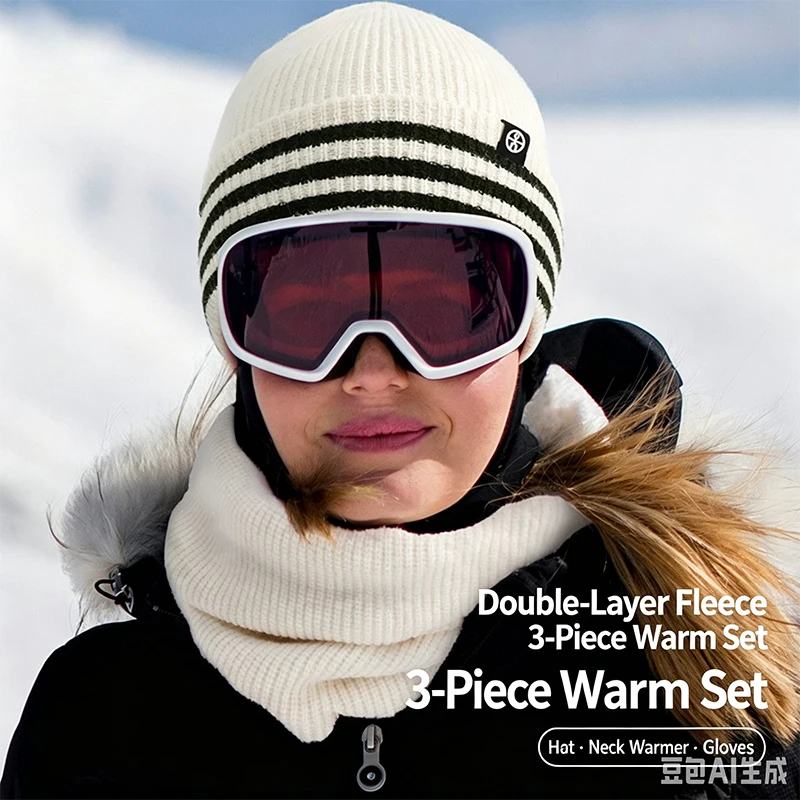 Adult Keep Warm Knitting Stripes Three Piece Set Travel Fashion Fleece Lined Breathable Scarf and Hat Outdoor Winter Glove Suit