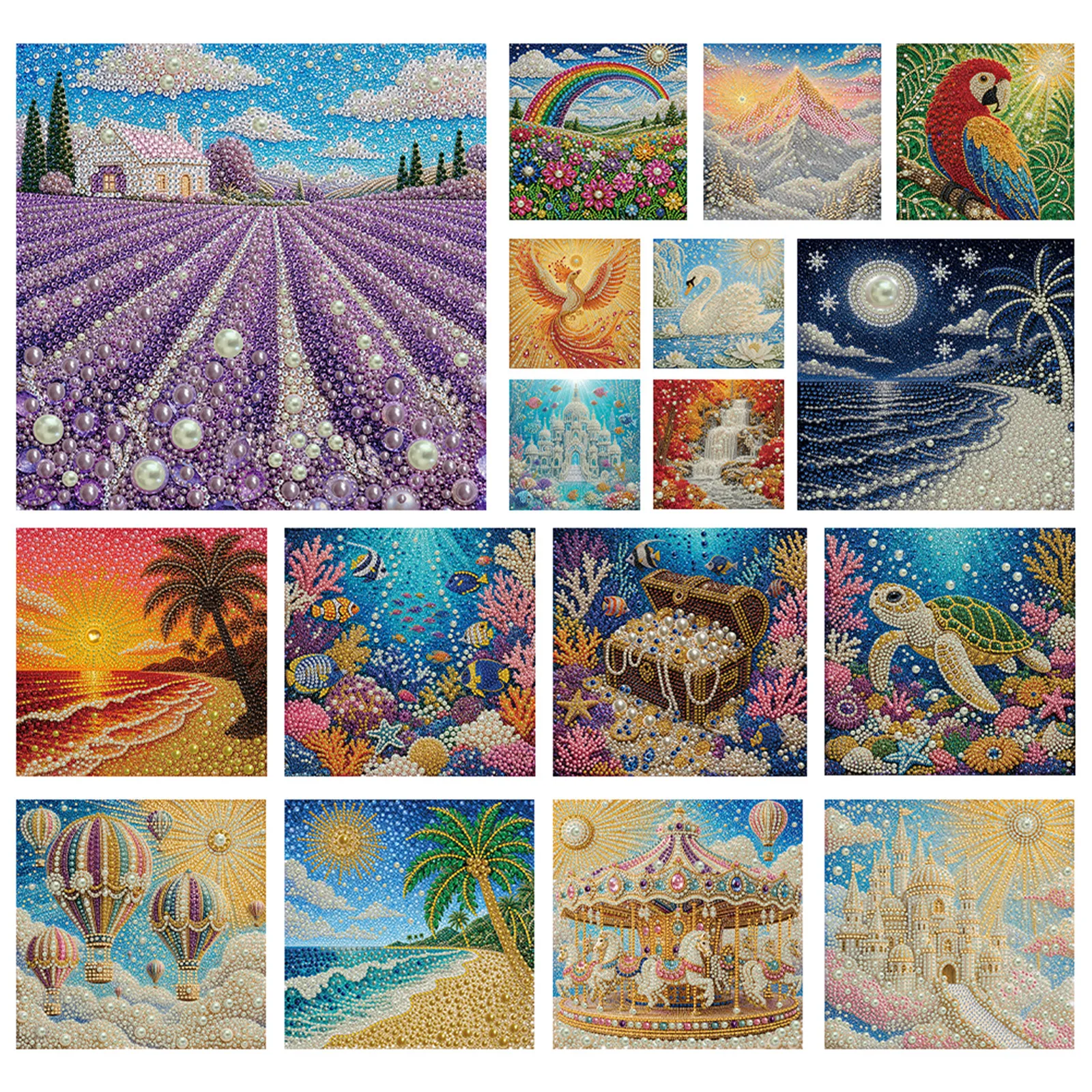 Pearl Painting Kit for Adults Underwater Castle 11.81x11.81in Frameless Adhesive Canvas DIY Pearl Mosaic Wall Art