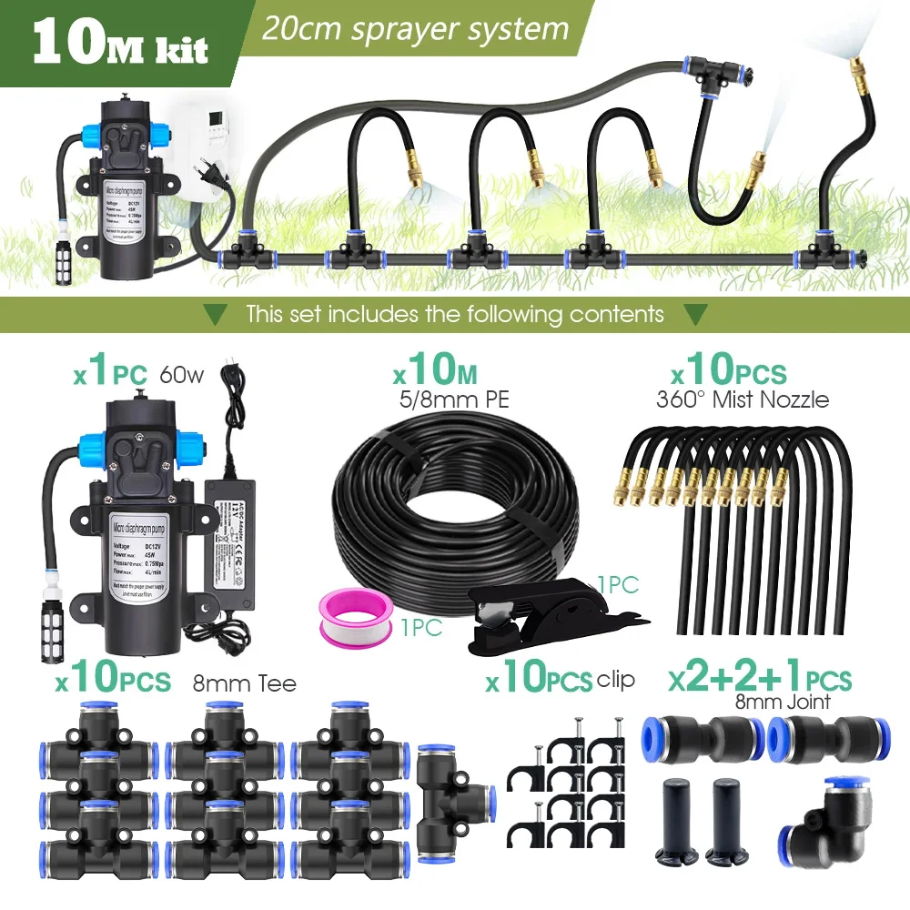 Garten-Sprühset mit 5/8mm PE-Schlauch, 60W Selbstansaugender Pumpe, 20cm Universal-Messingdüse, Bewässerungssystem für Pavillon und Pflanzen