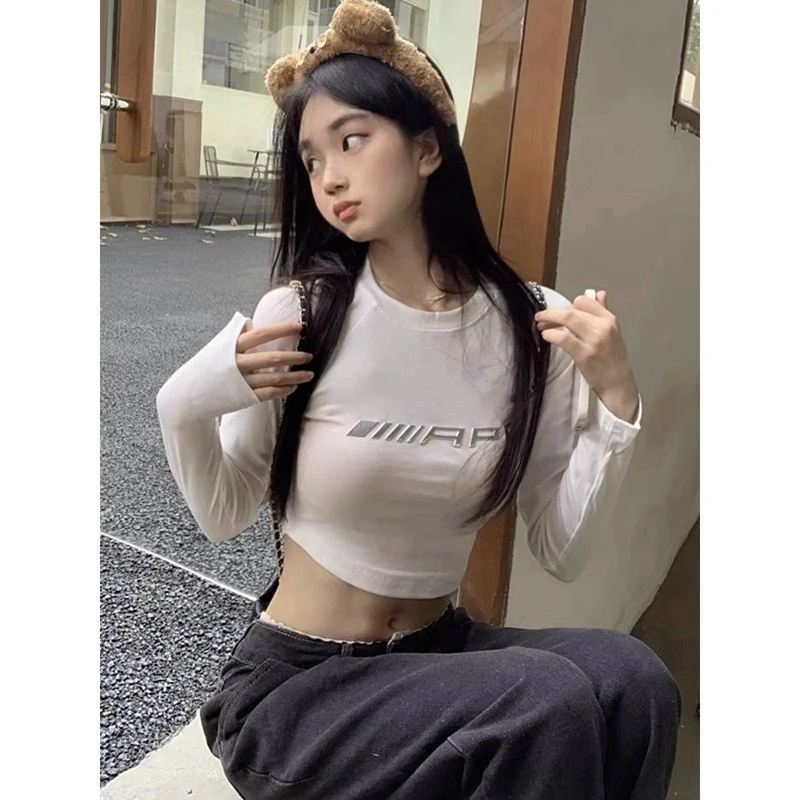 Slim Fit Long Sve T-irt Women's Design Sense Asymmetrical Base irt ort Sle Belly ow Summer Hot Girl Top