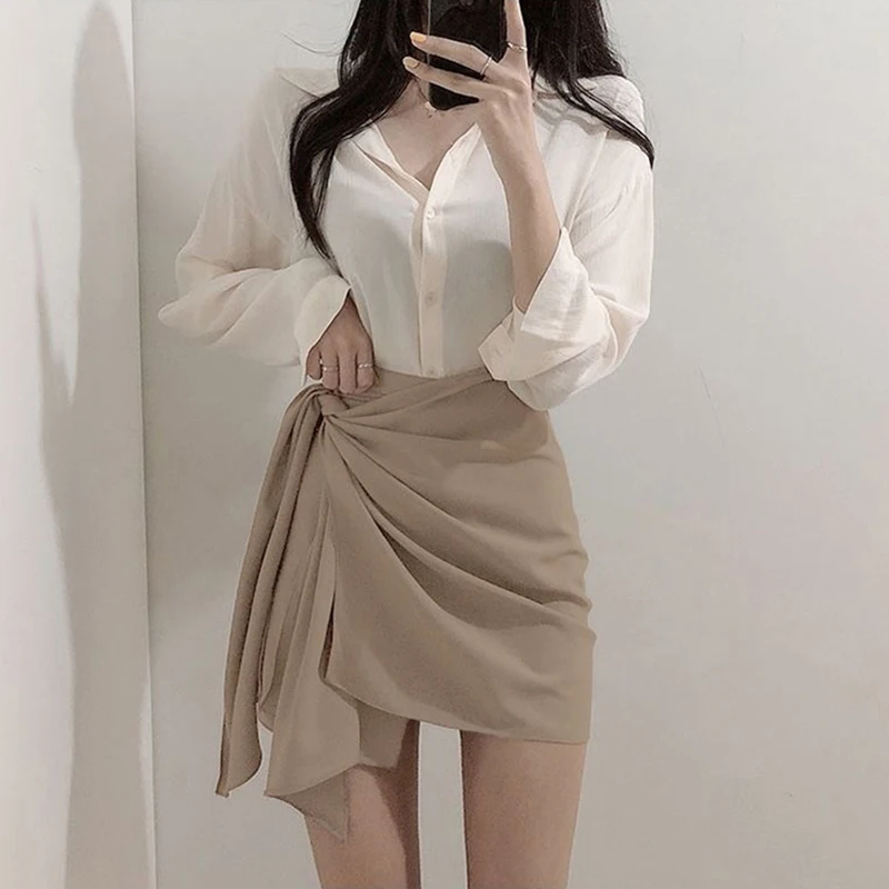 MEXZT Irregular Mini Skirt Women High Waist Black Bandage Wrap Hips Skirts Korean Fashion Elegant Slim All Match A Line Skirt