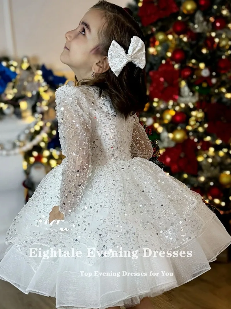 Eightale Champagne Flower Girl Dresses Customized Sequin Long Sleeves Mini Costume for Girls Kid Birthday Party Dress Tutu Dress