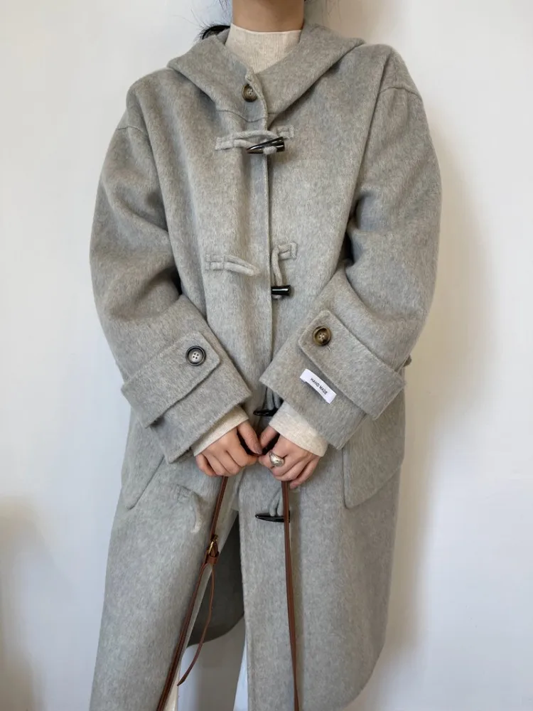 Winter Women Fashion Mid Length Turn Down Collar Woolen Coat Warm Long Loose Single Breasted Hooded Solid Color Lady Outerwear