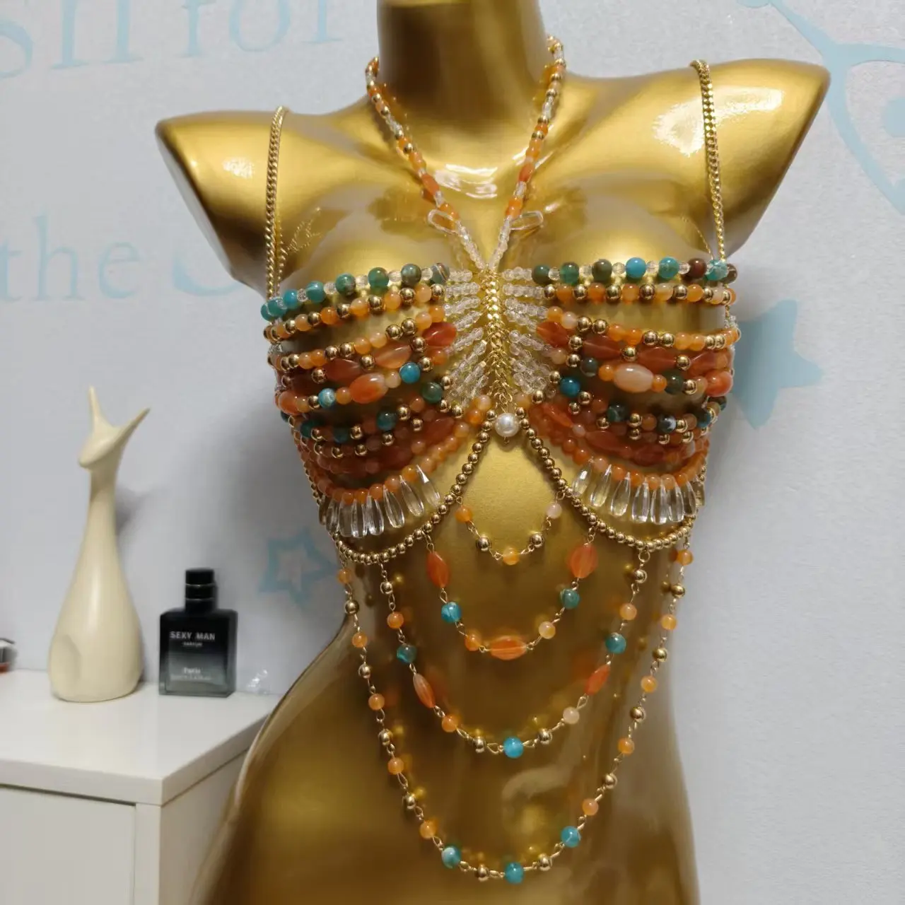 European And American Handmade Fashionable Beaded Bra Hot Girl Hanging Neck Vest Body Chain Chest Chain Music Festival Bead Top