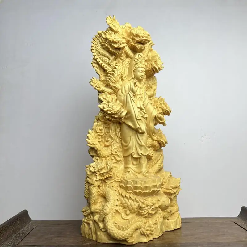 Exquisite wood carving Nine Dragon Protector Dripping Water Guanyin Buddha statue Feng Shui wealth auspicious ornaments