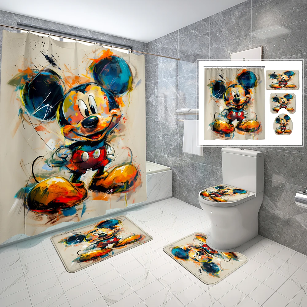 

1/4Pcs 70*70inch Mickey Mouse Waterproof Shower Curtain Set with Non-Slip Rugs,Toilet Lid Cover,Bath Mat ,12 Hooks