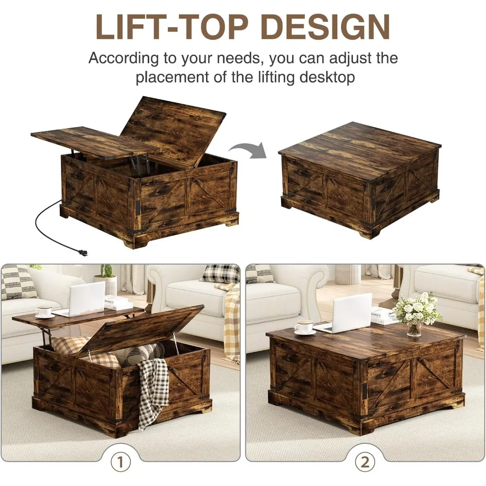 Farmhouse Style Square Coffee Table with Lift Top Storage and Charging Station, Rustic Wood Cocktail Table