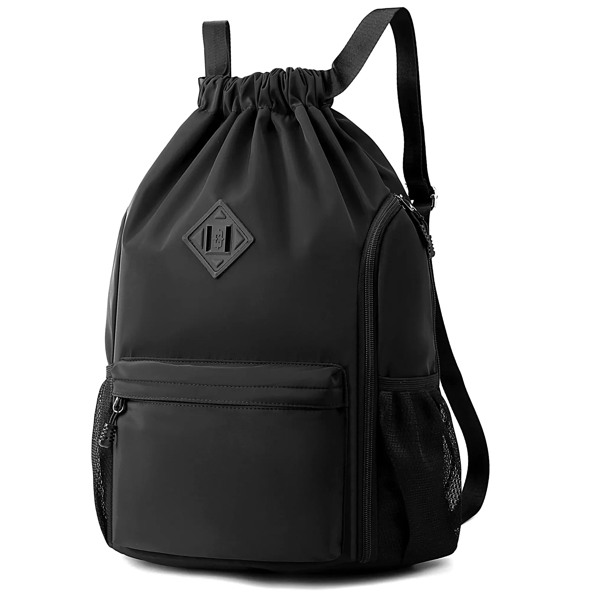 Waterproof Nylon Drawstring Backpack for Men & Women, Sport Gym Sack with 2 Water Bottle Pockets & Zipper Pockets for Outdoor Fitness & Holiday Use