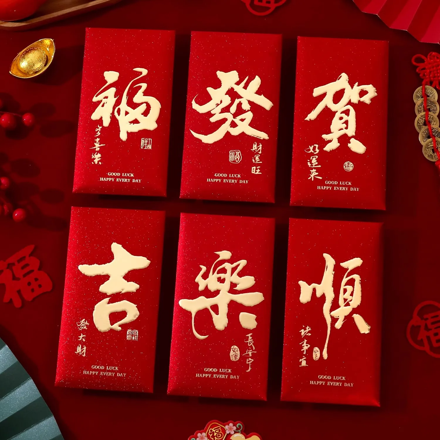 

6 Pcs Chinese New Year Red Envelope Best Wishes Chinese Style Hot Stamping Bronzing Red Pocket Wedding Party Decorations