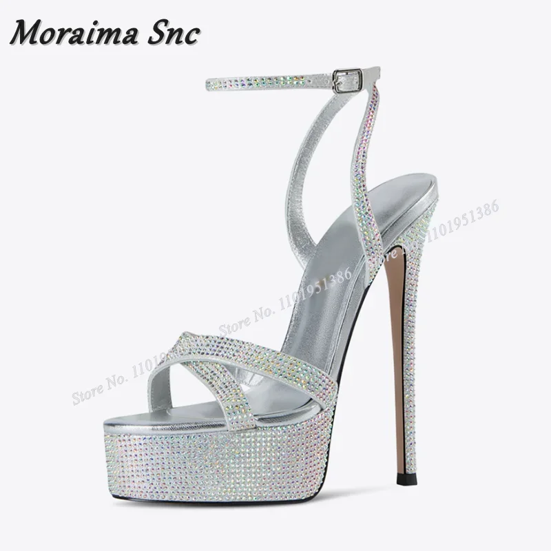 

Moraima Snc Silver Platform Crystal Sandals Ankle Buckle High Heels Sandals Women Summer Shoes Fashion Lady Zapatillas Mujer