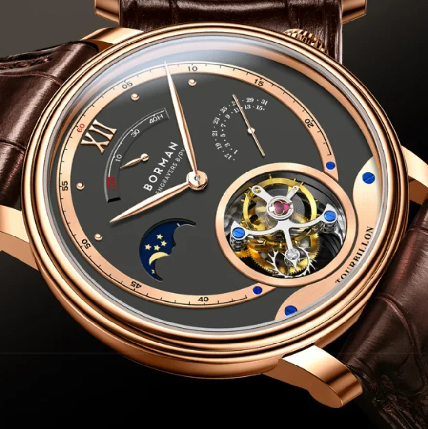 BORMAN Men Tourbillon Watch Luxury 40mm Manual Winding Mechanical Wristwatch Sapphire Date Day-Night Energy Indicator ST8007